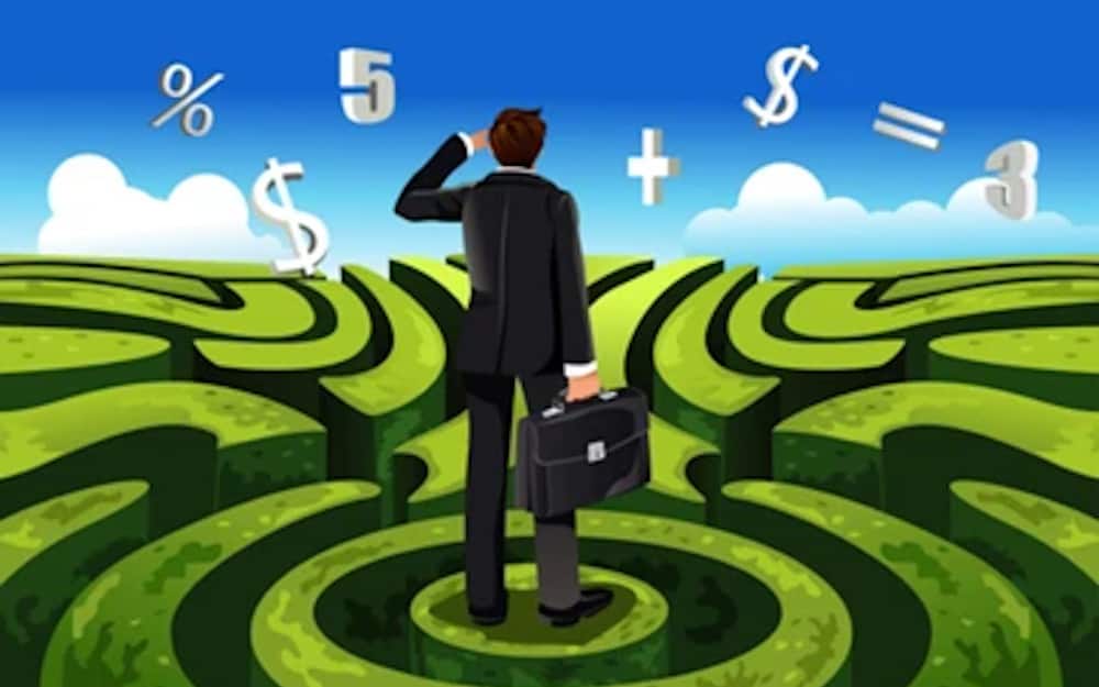 A vector illustration of a businessman in maze facing a financial decision