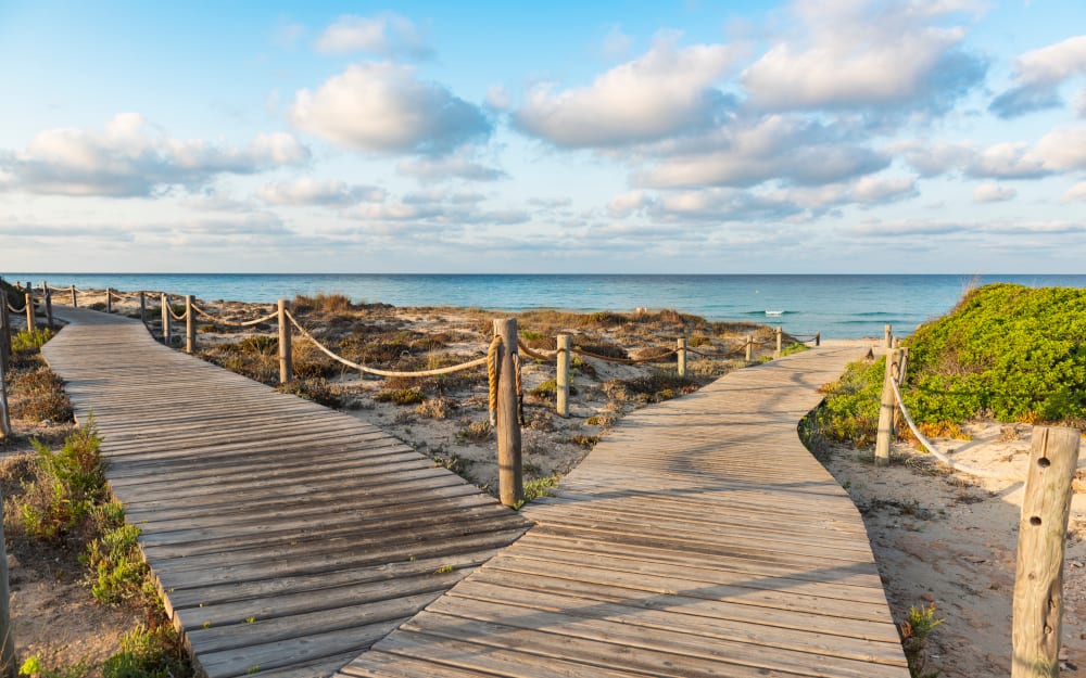 Wooden walkways to the beach of Formentera. Spain