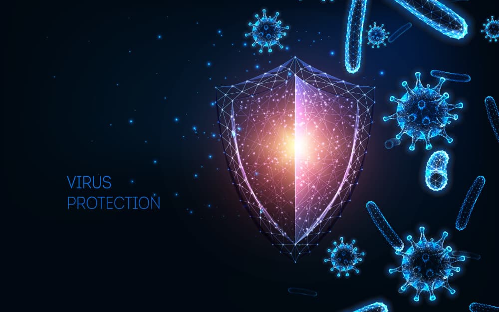 Futuristic immune system protection from infectious diseases concept with glowing low polygonal shield, coronavirus and bacteria cells on dark blue background