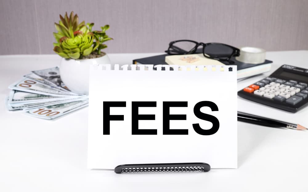 Fees . Fixed price charged for a specific service. Business and finance concept. Costs, charges, commissions, penalties. Cost, fee and taxes.